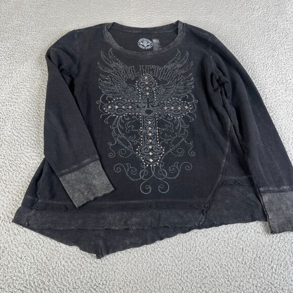 Affliction Cross Studded Shirt Womens L Fleece High Low Graphic Wings Spellout - Picture 1 of 11
